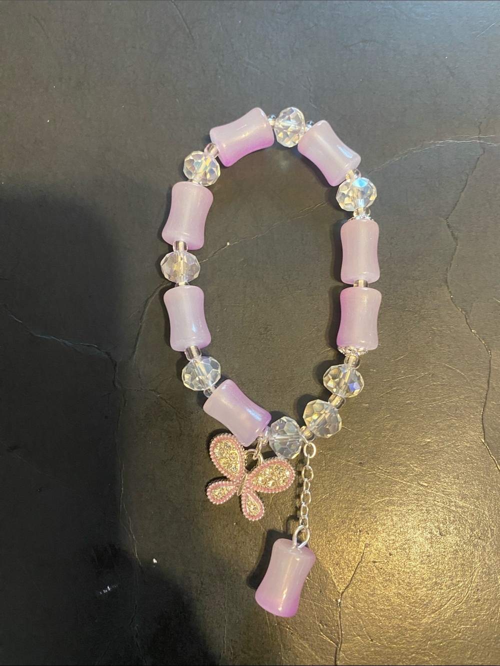 Lilac Beaded Butterfly Charm Stretch Bracelet - Unbranded